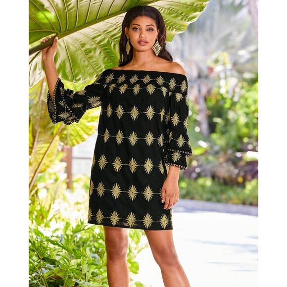 Boston Proper Women’s Large Black & Gold Metallic Detail Off-The-Shoulder Dress - Picture 2 of 7